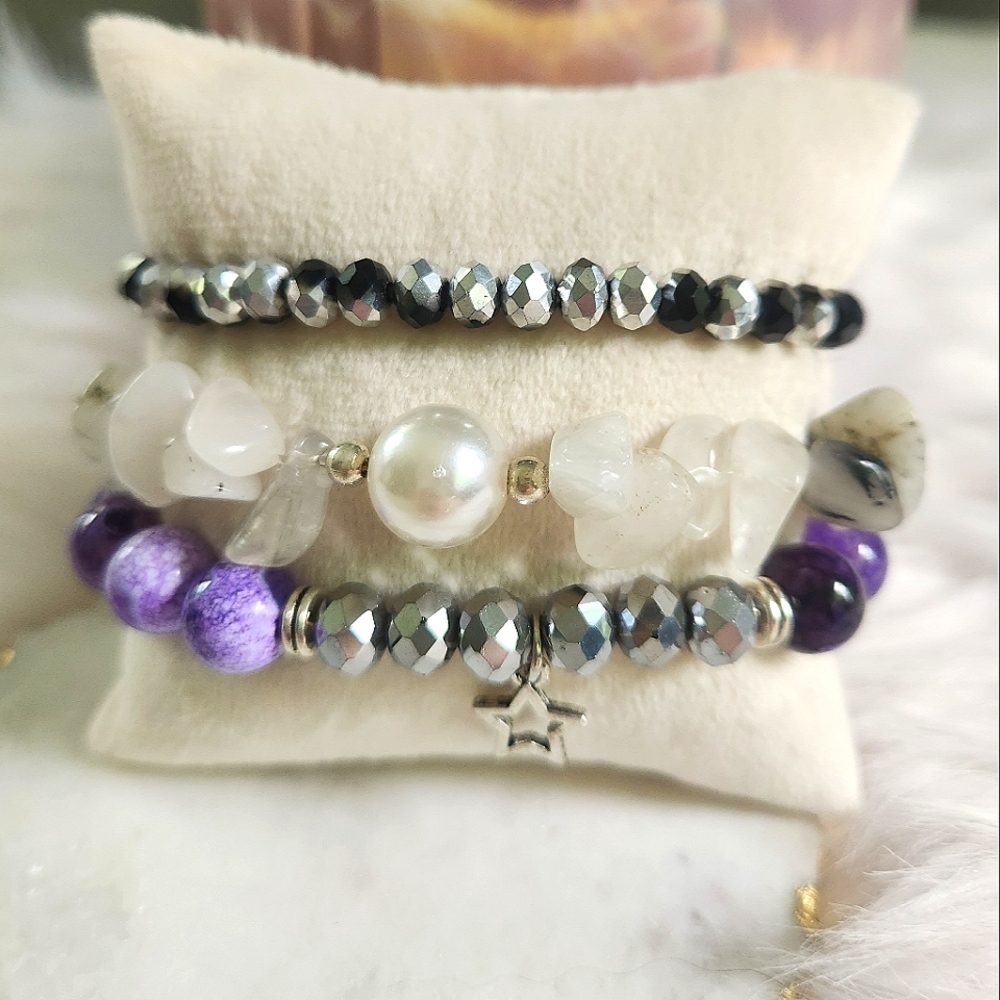 NWT Ryze Natural Stone Tourmalinated Quartz & Agate Staxx Bracelets - Set of 3